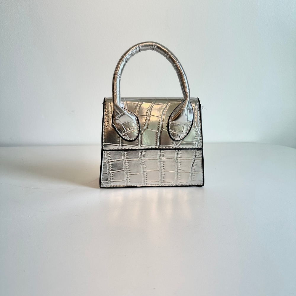 Unbranded Silver Crocodile Embossed Mini Top Handle Bag Metallic Micro Purse